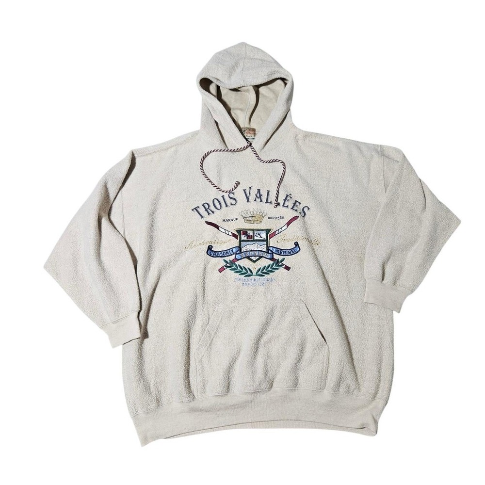 Vintage Trois Vallees Pullover Hoodie Mens Size Medium Sweater Ski France Ivory